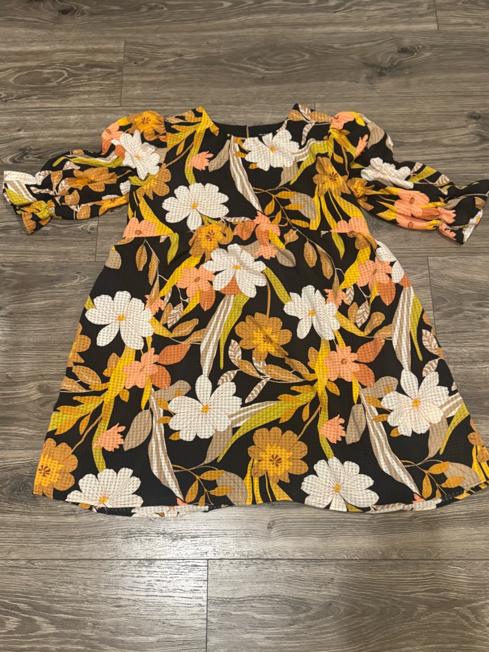 Who What Wear Black Floral Tie-Sleeve Tunic with White, Peach & Mustard Print